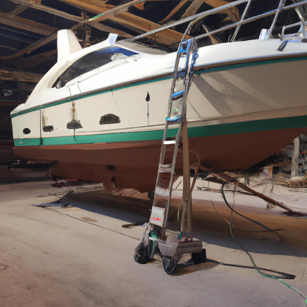 Yacht in cantiere su invaso con tecnici al lavoro