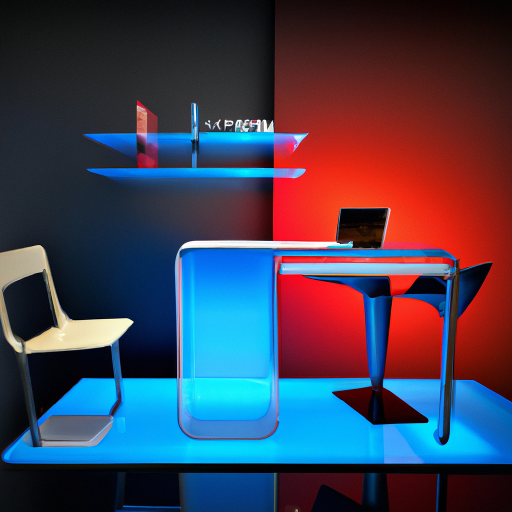 Рабочее пространство: стеклянный стол, неоновые градиенты, минимализм