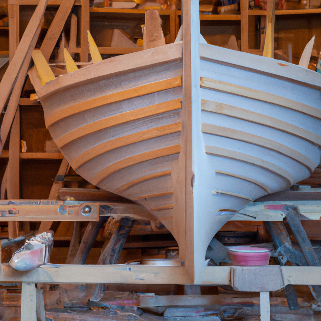 Vista di una barca in officina nautica con legno lucido e luce calda, immagine HDR ultra dettagliata